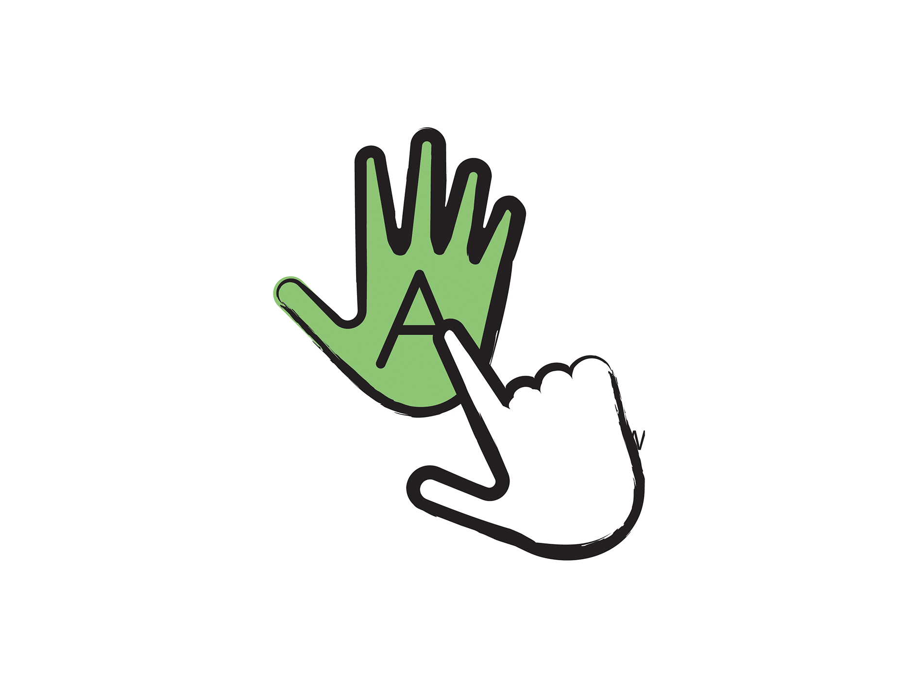 Une icône représentant l’alphabet tracé sur la main. Une main dessine une lettre dans la paume de l’autre.
