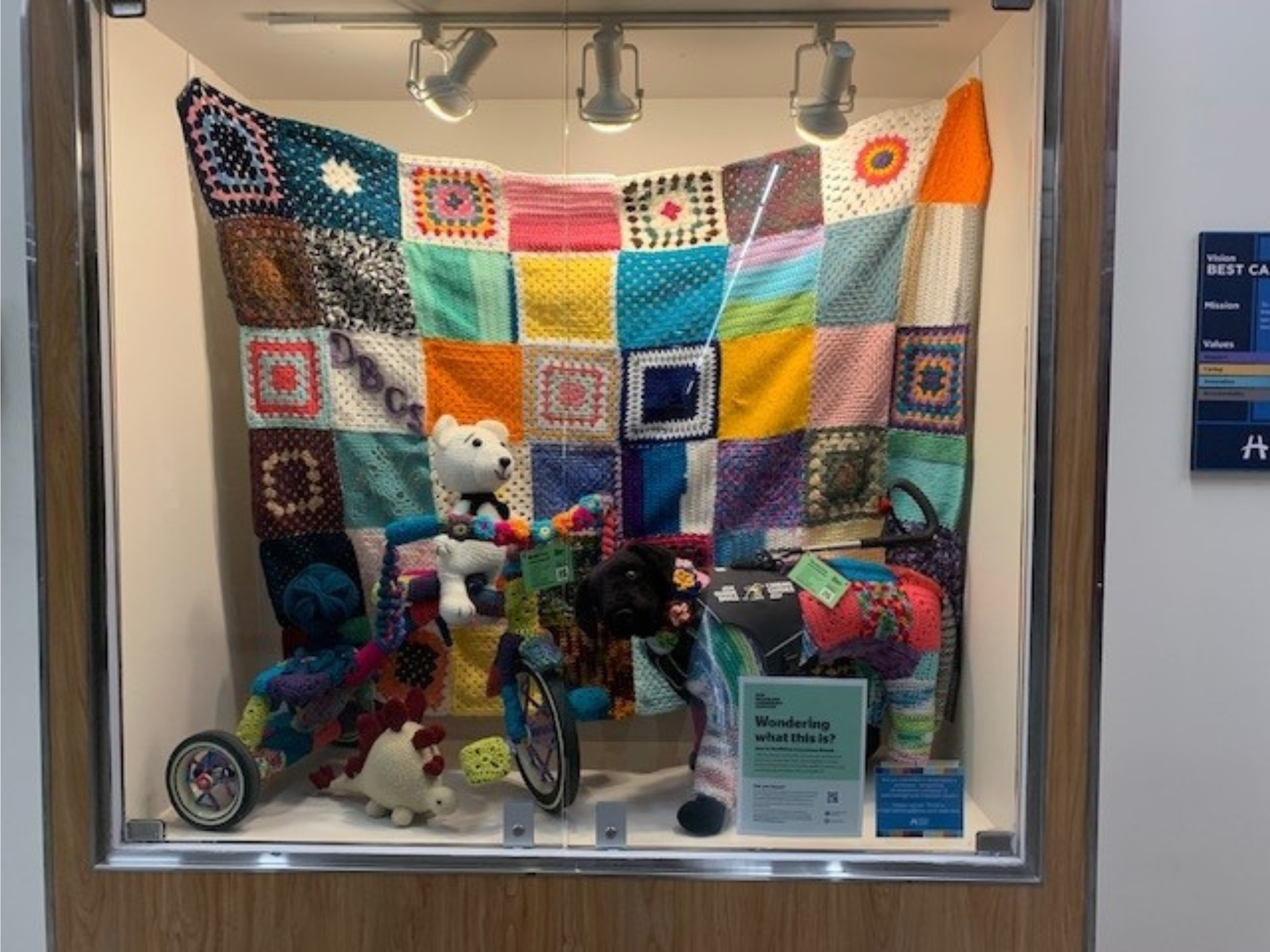 yarn bombing display at Halton health